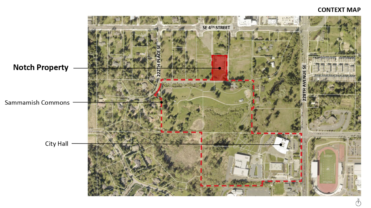 context map showing the Notch property in relation to SE 4th St, Sammamish Commons, and City Hall